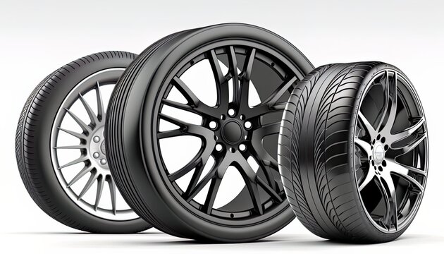 set of car tires and wheels isolated on a white background