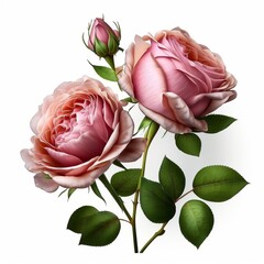 Two gorgeous pink rose flowers in full bloom and buds isolated over a transparent background, design element for Valentine's Day or fragrance cosmetics essential oil-themed layouts, Generative AI