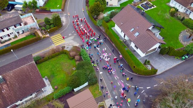 Aerial of Neighborhood Children's Carnival, 
Location Bergdietikon, Greater Zurich Area, Switzerland