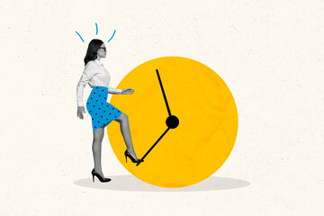 Creative magazine template of business lady try change time turn backwards big image clock arrow stop waste lifetime