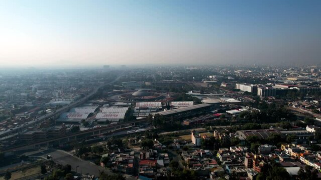 shot of main bus terminal in mexico city and pollution