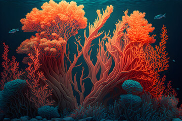 Fototapeta na wymiar Flower sea living coral and reef color under deep dark water of sea. Generative Ai