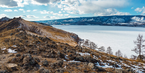 BAIKAL LAKE,RUSSIA-MARCH 1,2023:View of the winter Baikal through the stone shore and dry tree.