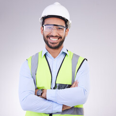 Construction worker in portrait, man with crossed arms and smile, architect or engineer in building...