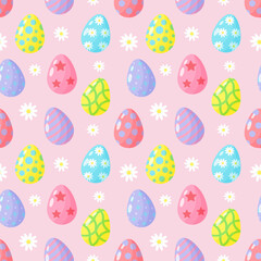 Seamless pattern with Easter eggs and daisies on pink background. Cute pastel digital paper.