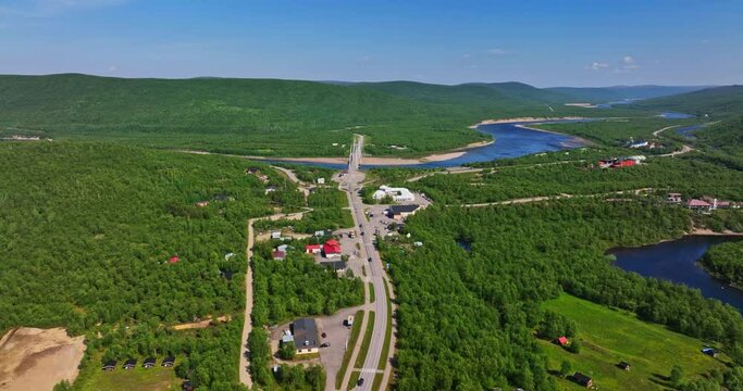 Aerial view overlooking the Utsjoki town, sunny day in Lapland, Finland