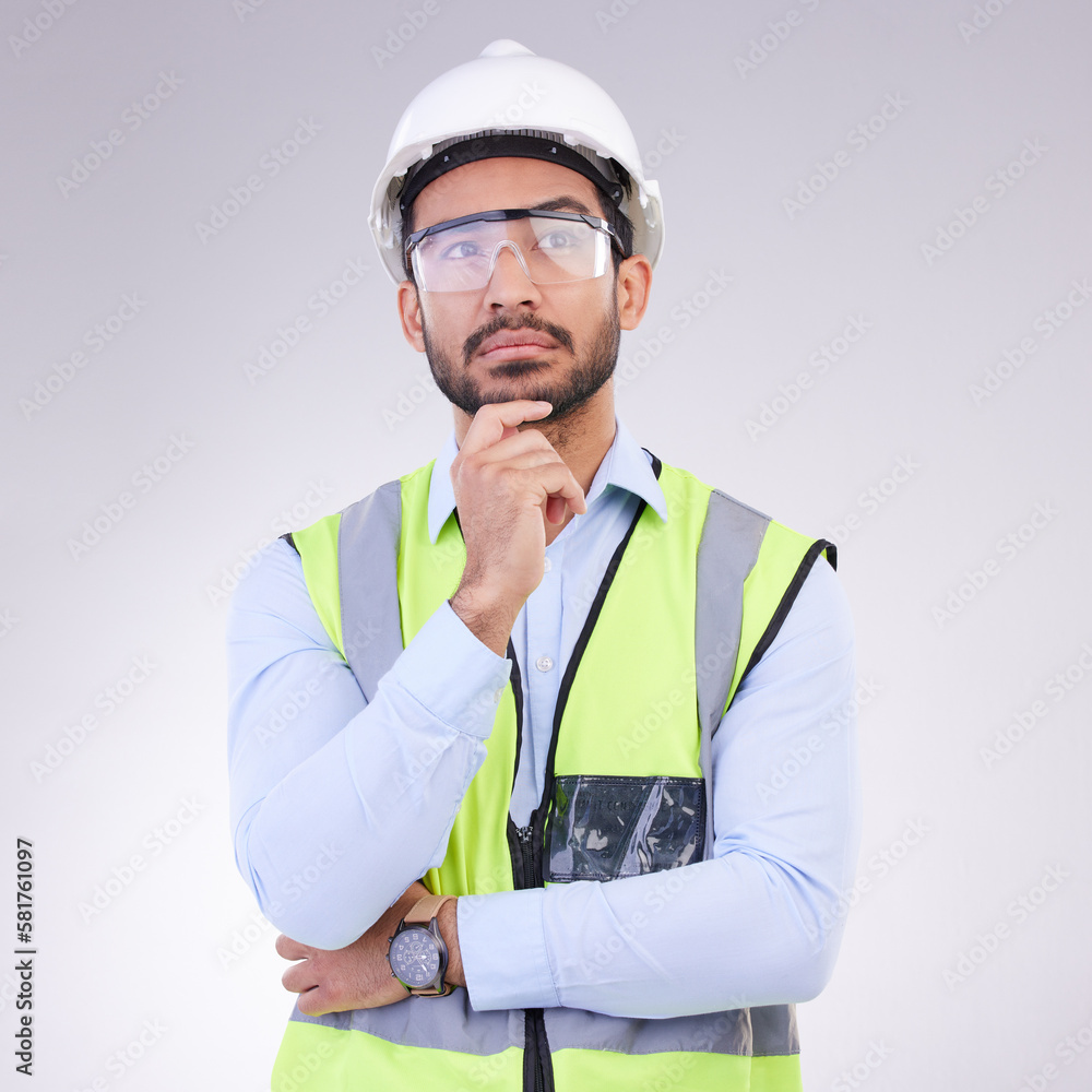 Poster construction worker thinking, serious man with ideas and architect or engineer in building industry 