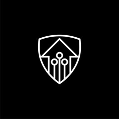 Home security icon. Home with shield symbol House protect icon isolated on black background