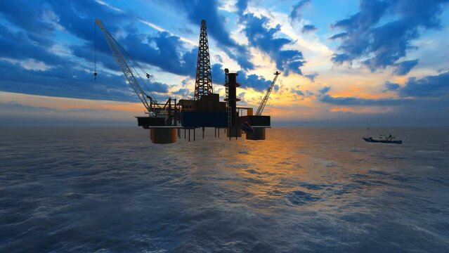 Fishing boat sailing near oil rig at sunset
