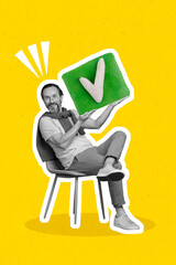 Creative poster banner collage of assistant man clerk sit chair hold check box advertise apply...