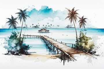 Fototapeta na wymiar Panorama sandy tropical beach with coconut tree. generative ai