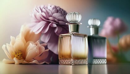 Tender stylish perfume composition, bottles of perfume and flowers, pinkish illustration. Generative Ai - 581762200