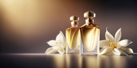 Warm and sensual fragrance perfume bottles. Art composition still life. Stylish parfumerie banner. Generative AI. - obrazy, fototapety, plakaty