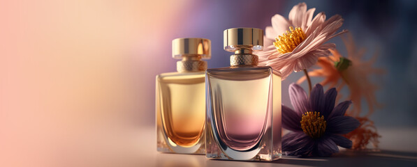 Tender stylish perfume composition, bottles of perfume and flowers, pinkish illustration. Generative Ai - obrazy, fototapety, plakaty