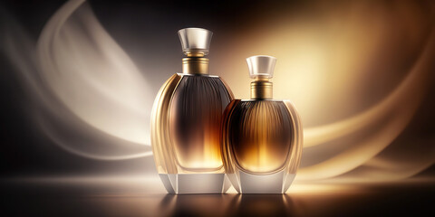 Naklejka premium Warm and sensual fragrance perfume bottles. Art composition still life. Stylish parfumerie banner. Generative AI.