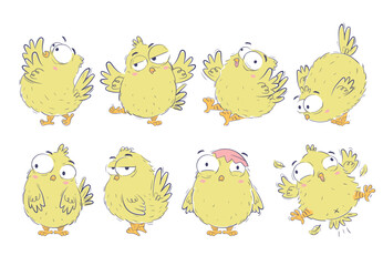 Clipart collection of funny cartoon chickens in doodle sketch style. Hand drawn cute chicken set.