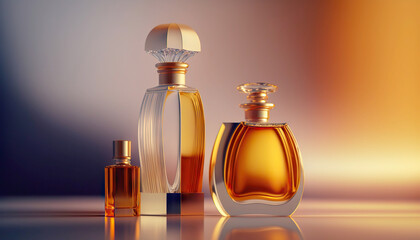 Collection of transparent multi color glass perfume bottles on a light background. Art composition still life. Stylish parfumerie banner. Generative AI. - 581762275