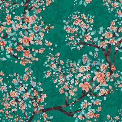 Sakura. Blooming trees. Hand drawn apple tree branches and flowers seamless pattern. It's perfect for wallpaper, fabric design, textile design, cover, wrapping paper, surface textures.