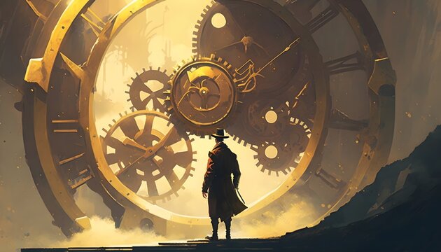 man standing in front of the big golden clockwork, illustration painting, Generative AI