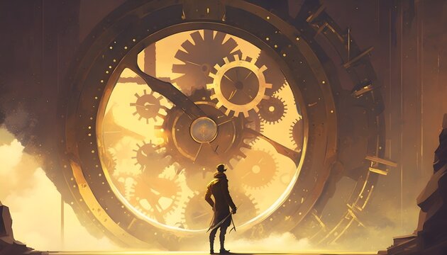 man standing in front of the big golden clockwork, illustration painting, Generative AI