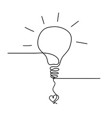 Abstract light bulb with heart as line drawing on white background