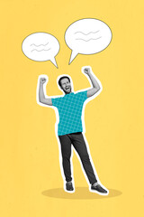Creative banner poster cartoon collage of crazy young guy achieve triumph screaming chatting with speech bubble