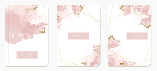 Layouts of notebooks with covers. Templates with watercolor stains with gold lines and glitter. Vector for diaries, diaries, catalogs, planners and flyers.