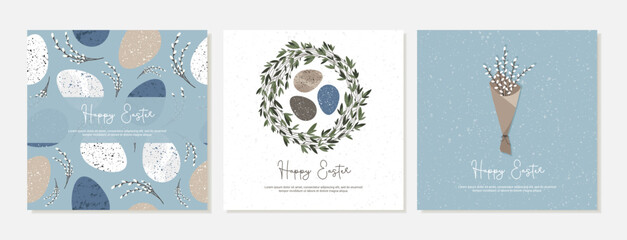 Set of square banners, cards for Holy Easter. Wreath with green leaves, branches in rustic style with Easter eggs, bouquet with willow branches. Vector template © IVONINA