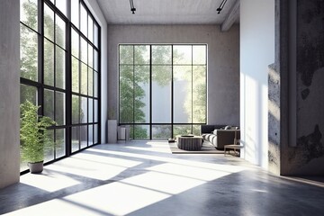 Fototapeta premium living room interior with big window, sofa, pictures and houseplants, Generative AI
