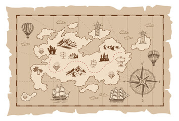 Vector sketch of an old pirate treasure map. Hand-drawn illustrations, vector.	
