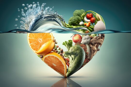 Healthy food in heart and water diet sport lifestyle concept. Generative AI