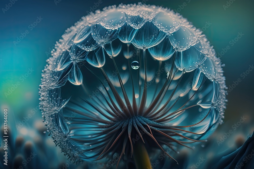 Poster delicate selective focus on a gorgeous dew drop on a macro dandelion bloom against a background of i