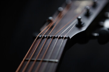 Guitar neck and fingerboard with metal strings in close up. Professinal acoustic instrument for...