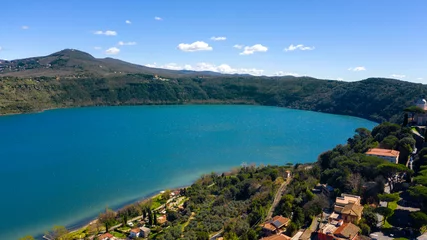 Foto op Canvas Aerial view of Lake Albano, a small volcanic crater lake in the Alban Hills of Lazio, near Rome, Italy. Castel Gandolfo, overlooking the lake, is the site of the Papal Palace of Castel Gandolfo. © Stefano Tammaro