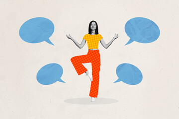 Creative magazine template of lady businesswoman worker meditating doing breathing exercise calm many talks