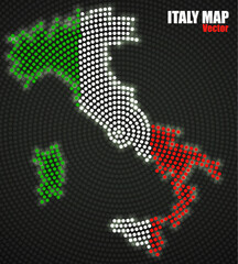 Italy map of glowing radial dots with flag inside. Vector illustration