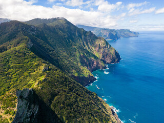 Madeira. Boca do Risco Aerial View. Steep Cliffs over the Atlantic Ocean. Madeira Island, Portugal.