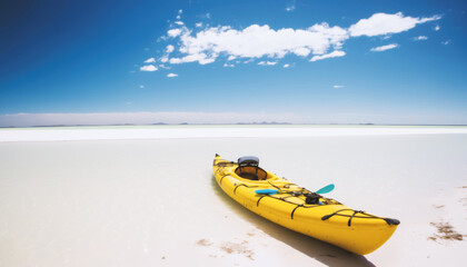 Canoe - Kayak - On Shore of a White Beach on Tropical Island - beautiful summer day. Perfect destination for summer Holyday. Generative AI