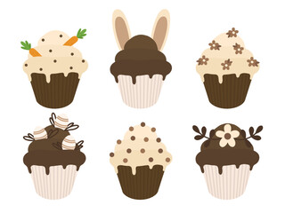A set of chocolate Easter cupcakes. Vector easter cupcakes. Illustration of cute chocolate Easter cupcakes.