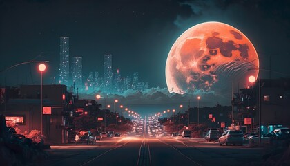 Fototapeta premium A neon city with a glowing full moon in the background Generative AI