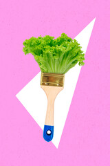 Magazine image color collage of strange paintbrush with green raw fresh lettuce leaves advertise...