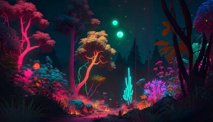 Obraz na płótnie Canvas A neon jungle with glowing plants and trees Generative AI