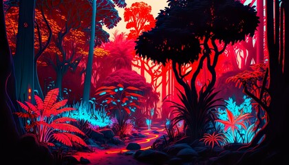 Fototapeta premium A neon jungle with glowing plants and trees Generative AI