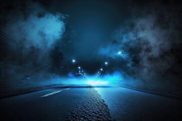 Dark street, asphalt abstract dark blue background, vacant dark scene, neon light, spotlights, studio area with smoke floating above the interior texture for display products. Generative AI