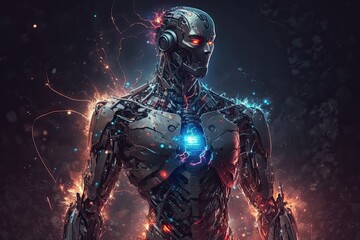 Artificial intelligence robot. Quantum superposition. Technological a cosmic explosion, a revolution of cosmic proportions. An android with a quantum computer in its head. Cyborg with superpowers