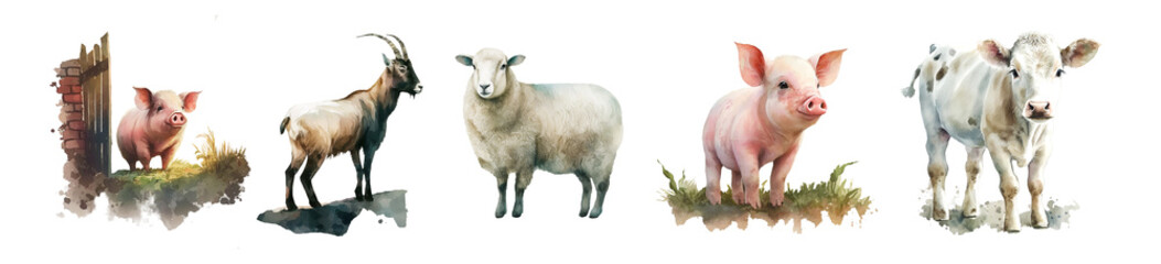 Farm animals. Livestock - pig, sheep, calf, goat, chicken, chick, bull, watercolor clipart created with Generative AI technology