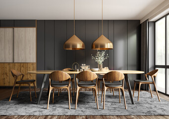 Interior of modern dining room, dining table and wooden chairs against black panelling wall. Home design. 3d rendering
