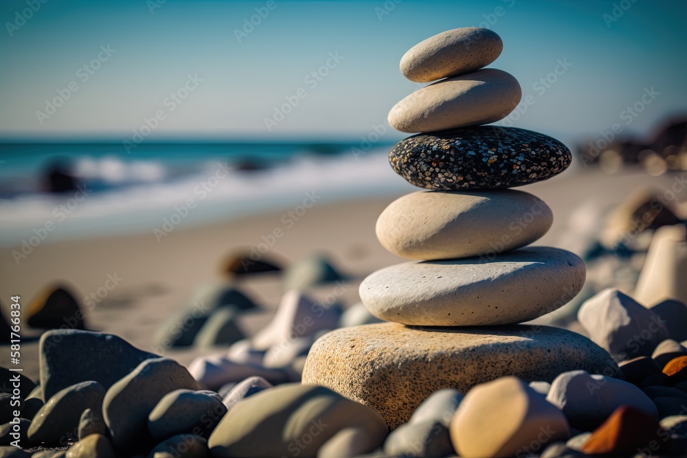 Poster vertical beach scene with stones heaped in precarious equilibrium generative ai