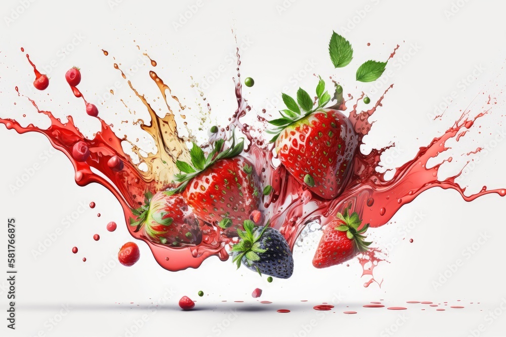 Poster strawberries on a white background with a juice splash. generative ai