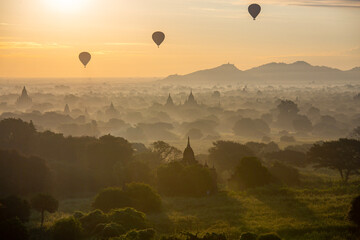 Flying hot air balloons in Bagan, Myanmar